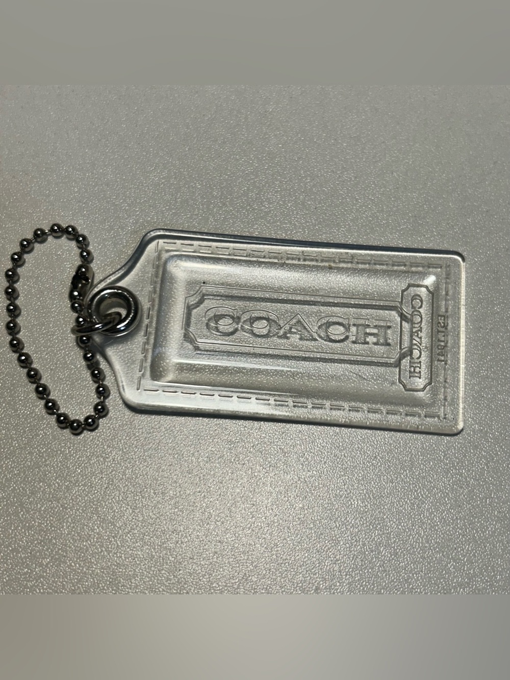 Coach 2.5in Clear Acrylic Plastic Fob Hang tag Silver Tone Chain Bag Charm